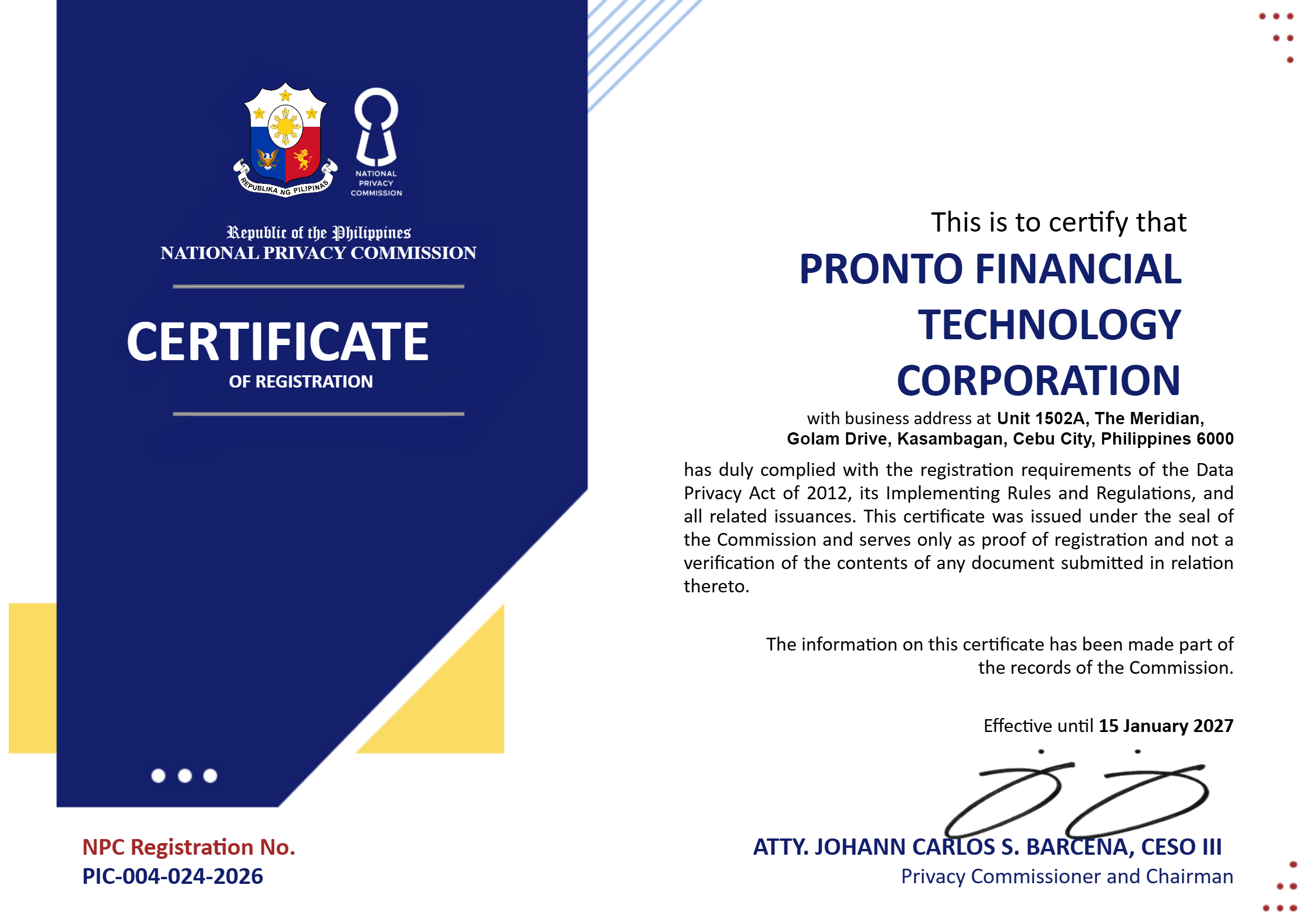 NPC Certificate of Registration